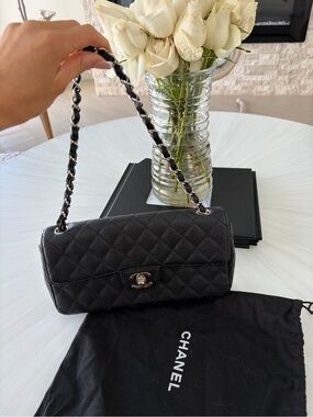 CHANEL Black Quilted Caviar Leather Shoulder Bag with Silver Hardware